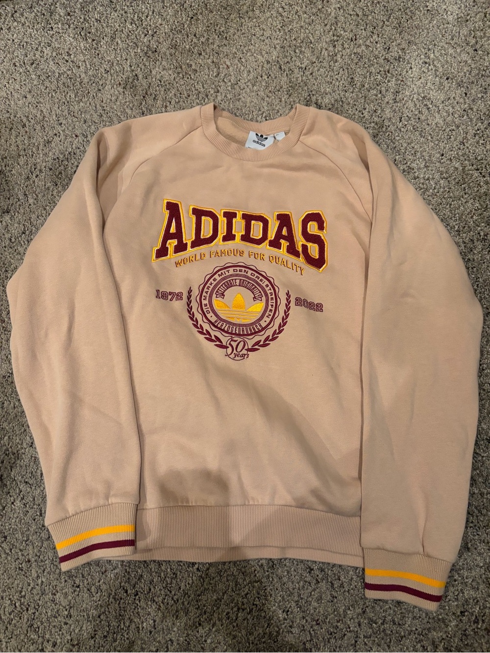 adidas Beige Crewneck Sweatshirt with Burgundy & Yellow Crest